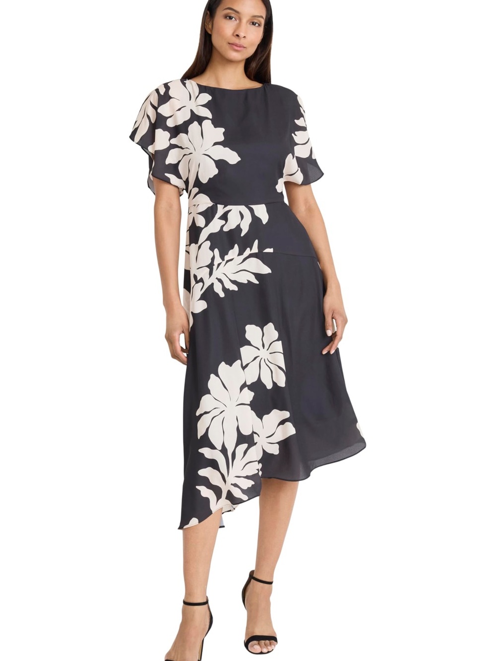 Maggy London A-Line Midi Dress Women’s US Size 8 Floral Black Cream